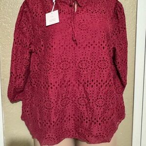 Women's Eyelet Peasant Top - Wine Lauren Conrad 3x new